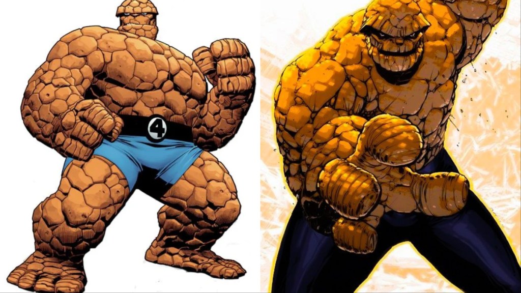 Une image divisée de la Chose en short et de la Chose en pantalon