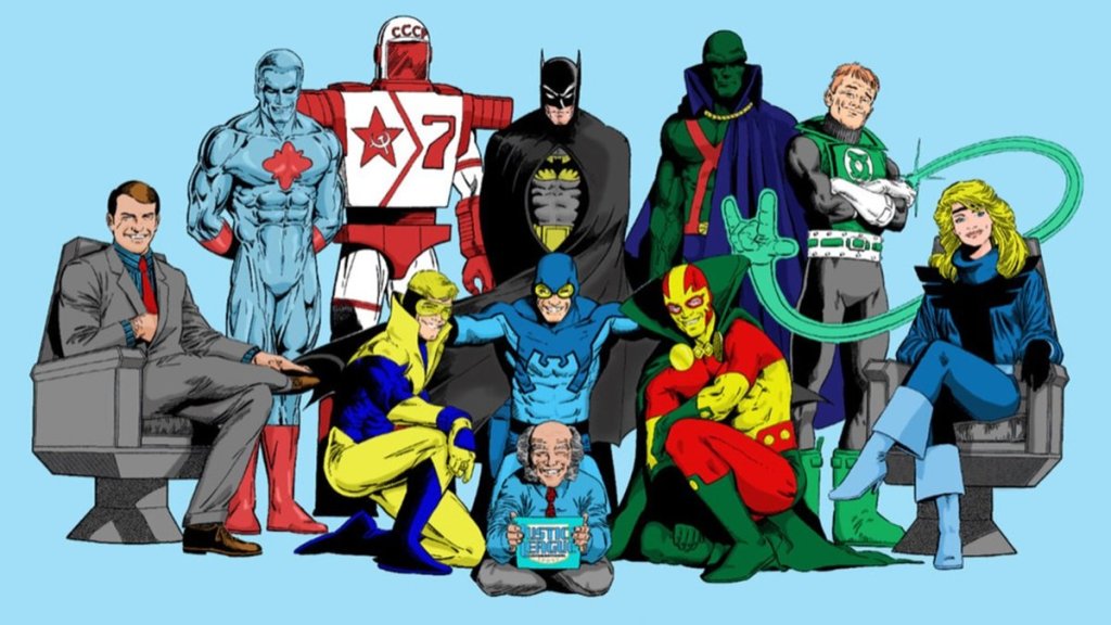 Maxwell Lord, Captain Atom, Rocket Red, Booster Gold, Batman, Blue Beetle, Booster Gold, Oberon, Martian Manhunter, Mister Miracle, Guy Gardner, and Black Canary