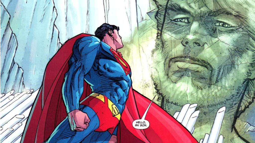 Superman speaking to a hologram of his father Jor-El