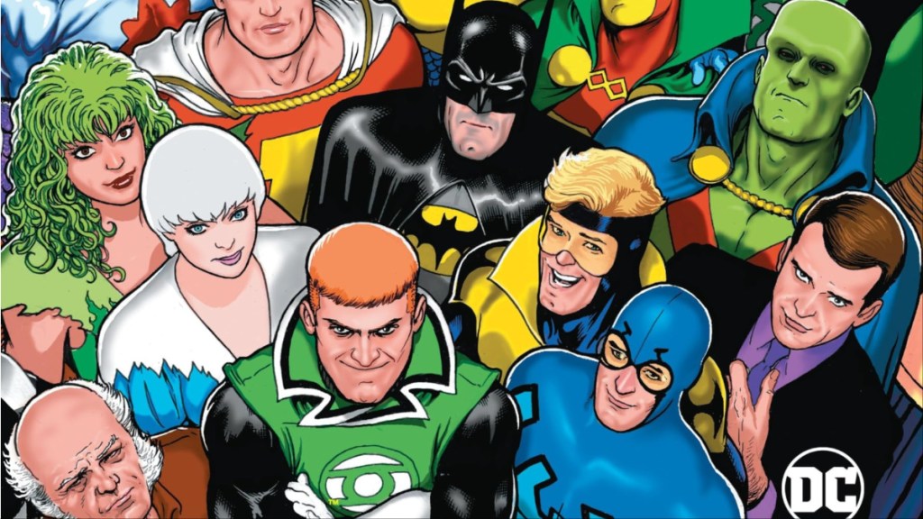 Oberon, Fire, Ice, Guy Gardner, Batman, Blue Beetle, Booster Gold, Martian Manhunter, and Maxwell Lord standing together