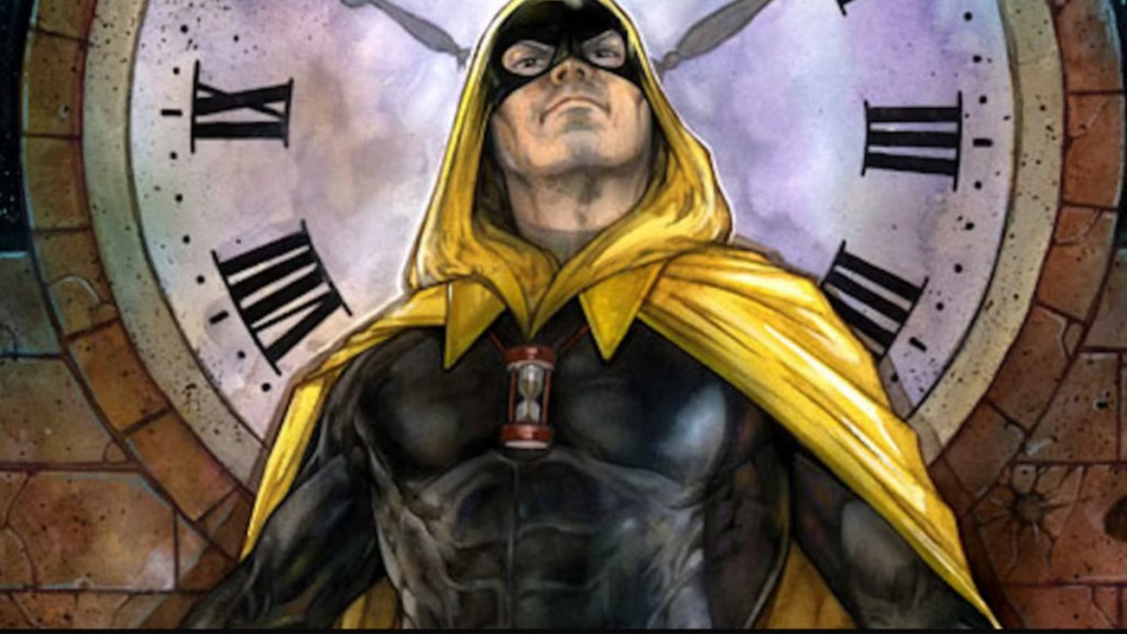 Hourman se tenant devant une horloge