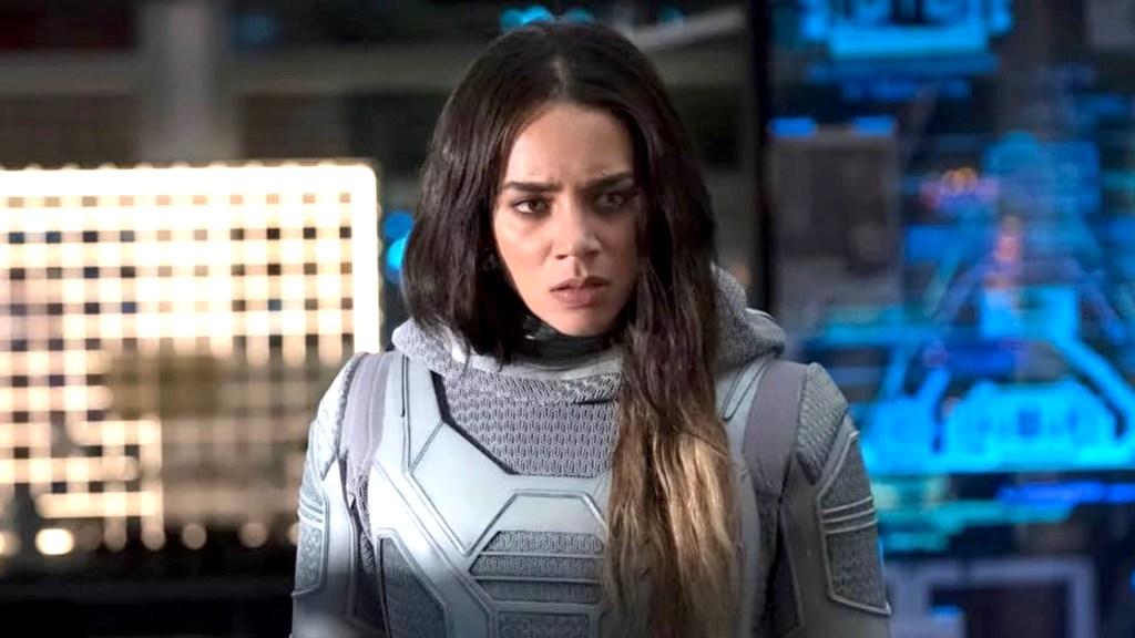 Hannah John-Kamen as Ava Starr in white suit in Ant-Man and the Wasp