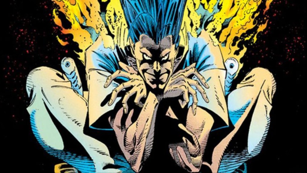 Legion sitting on a wheelchair on fire from the X-Men comics