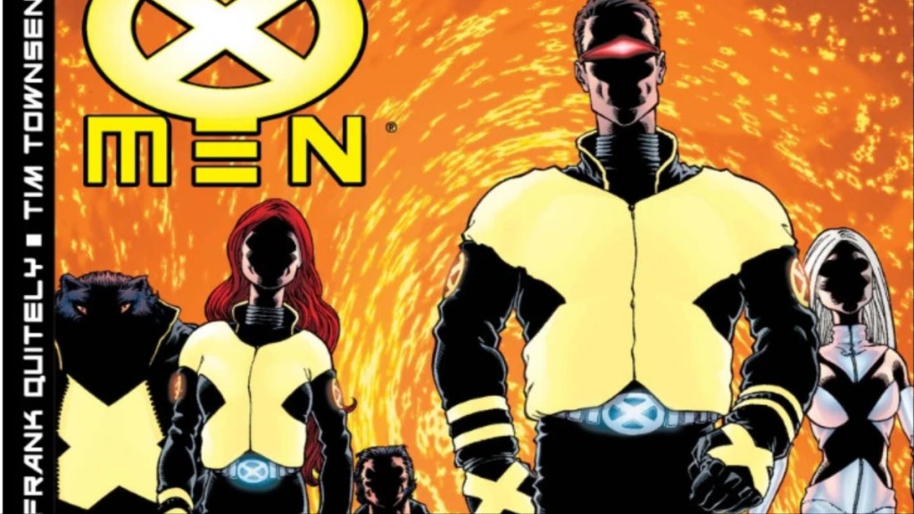 Beast, Jean Grey, Wolverine, Cyclops, and Emma Frost walk forward on the cover of New X-Men #114