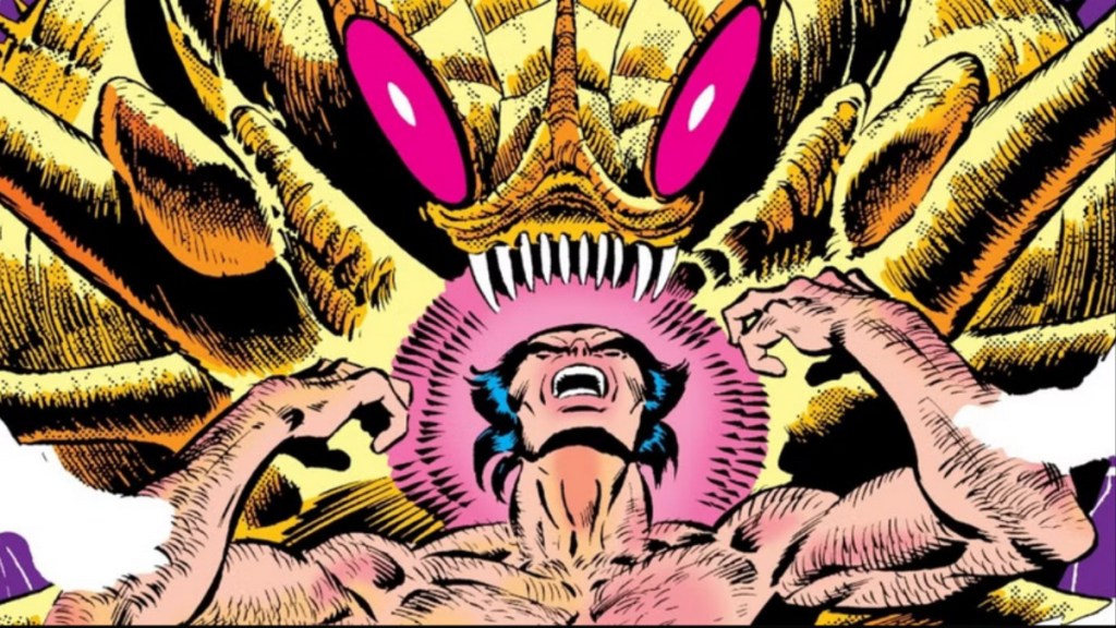 Wolverine screaming with a Brood alien behind him from The Brood Saga