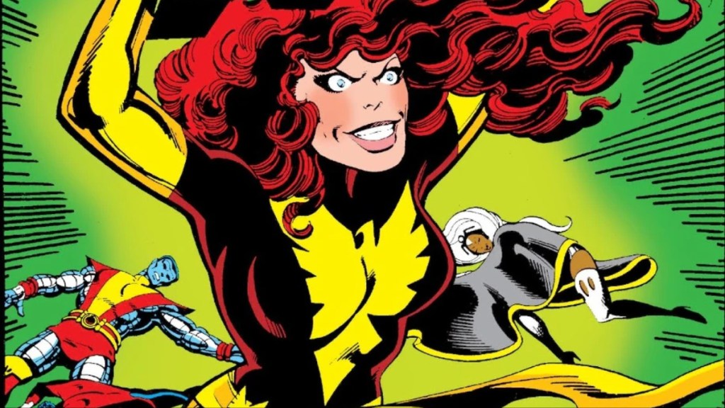 Jean Grey as the Dark Phoenix standing over a fallen Colossus and Storm from X-Men: The Dark Phoenix Saga