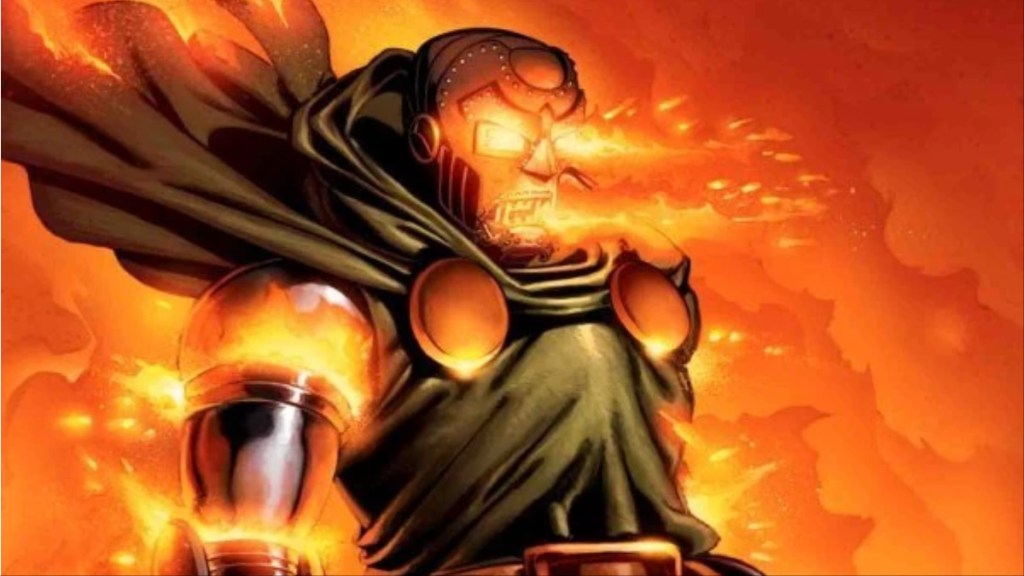 Doctor Doom entouré de feu dans l'histoire Fantastic Four Unthinkable