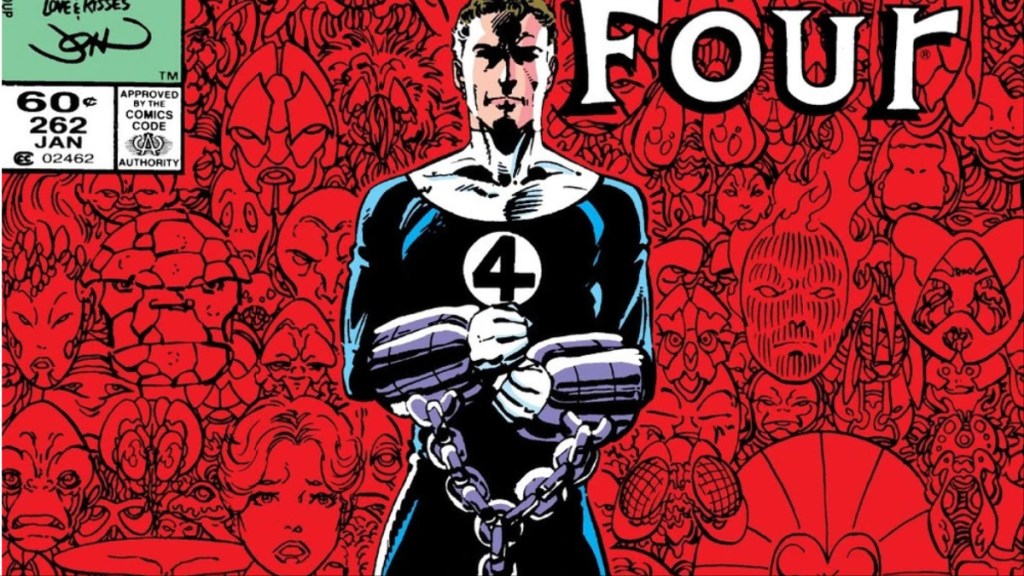 Mister Fantastic enchaîné devant différents aliens de Marvel dans Fantastic Four (Vol. 1) #262