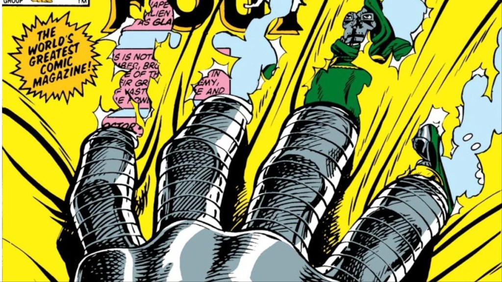 La main gantée de Doctor Doom déchirant la couverture de Fantastic Four (Vol. 1) #258