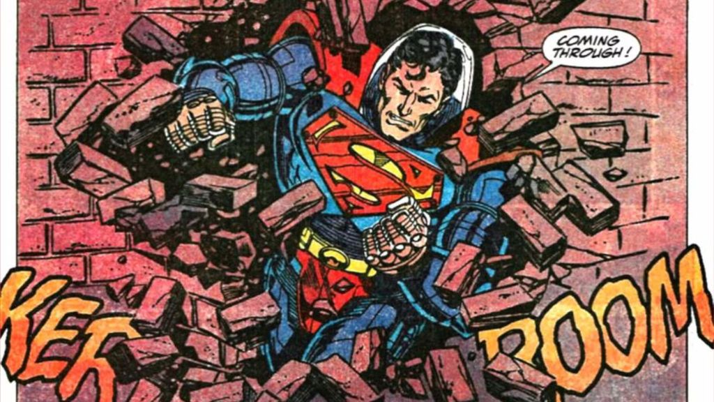 Superman with the Krisis of the Krimson Kryptonite armor suit in DC comics