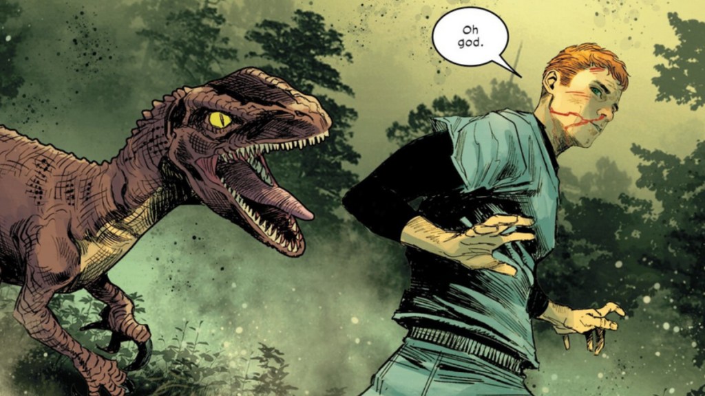 Ultimate Harry Osborn sur le point d'être attaqué par un vélociraptor dans Ultimate Spider-Man #13