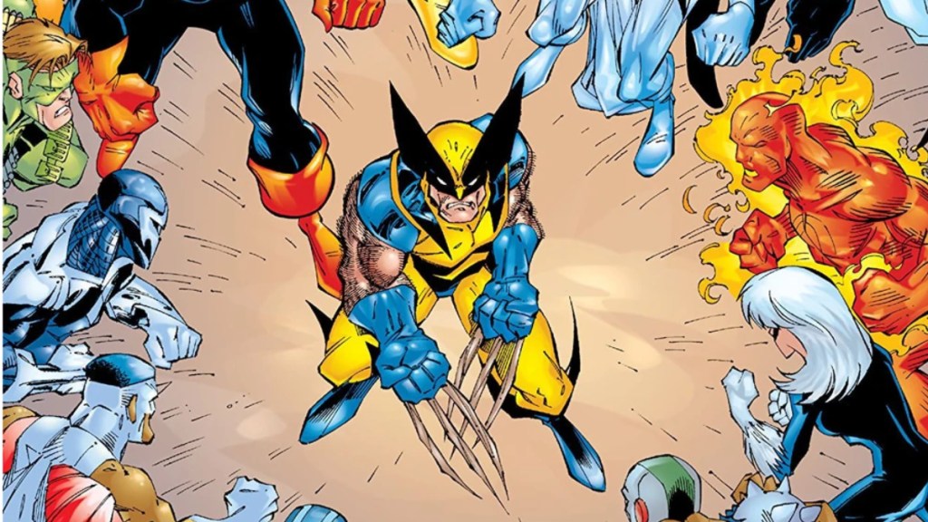 Wolverine avec ses griffes osseuses entouré de super-héros et de super-vilains