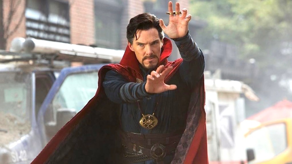 Benedict Cumberbatch as Doctor Strange casting a spell in Avengers: Infinity War