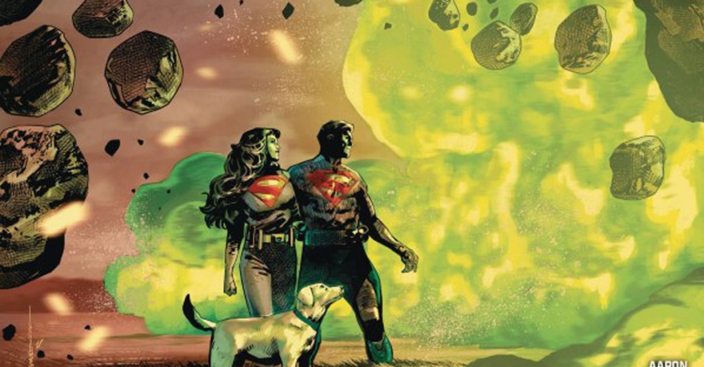 Couverture d'Absolute Superman #3, Jor-El et Lara-El et Krypto regardent sur une Krypton en ruines