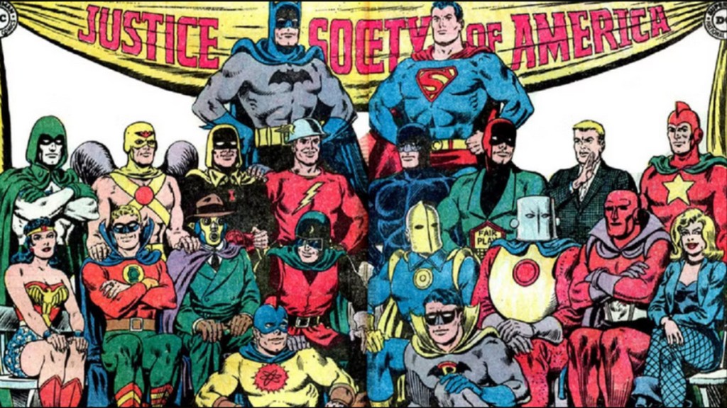 The Justice Society of America - Batman, Superman, Spectre, Hawkman, Hourman, Jay Garrick, Wildcat, Mister Terrific, Johnny Thunder, Starman, Wonder Woman, Alan Scott, Sandman, Atom, Doctor Mid-Nite, Dr. Fate, Robin, Red Tornado 1 et 2, et Black Canary