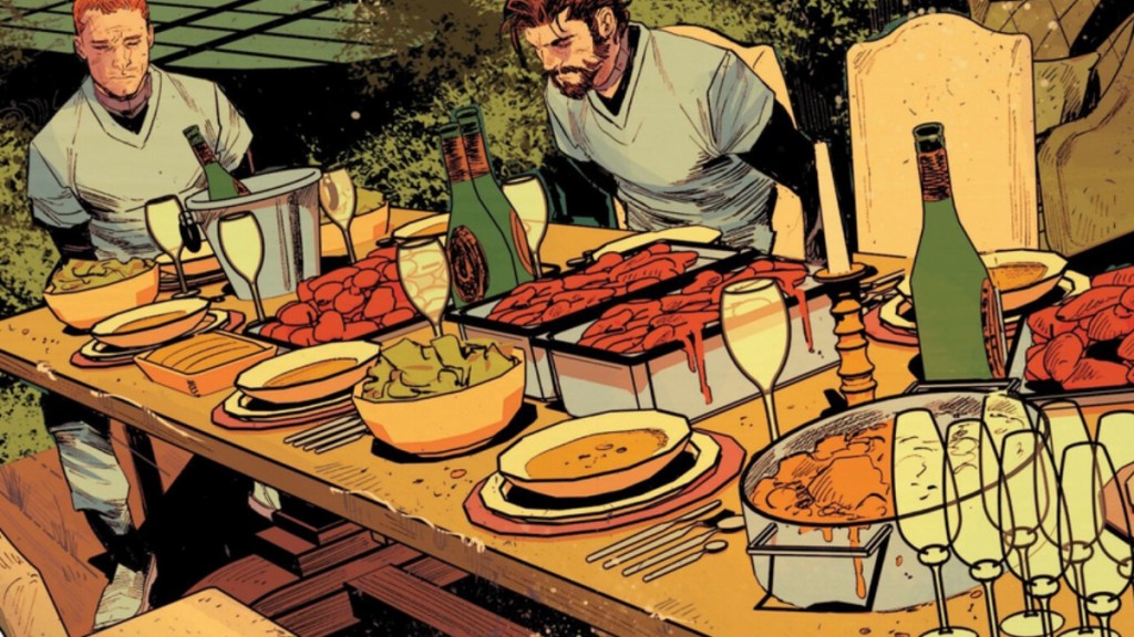 Peter Parker et Harry Osborn assis à une table remplie de nourriture dans Ultimate Spider-Man #13