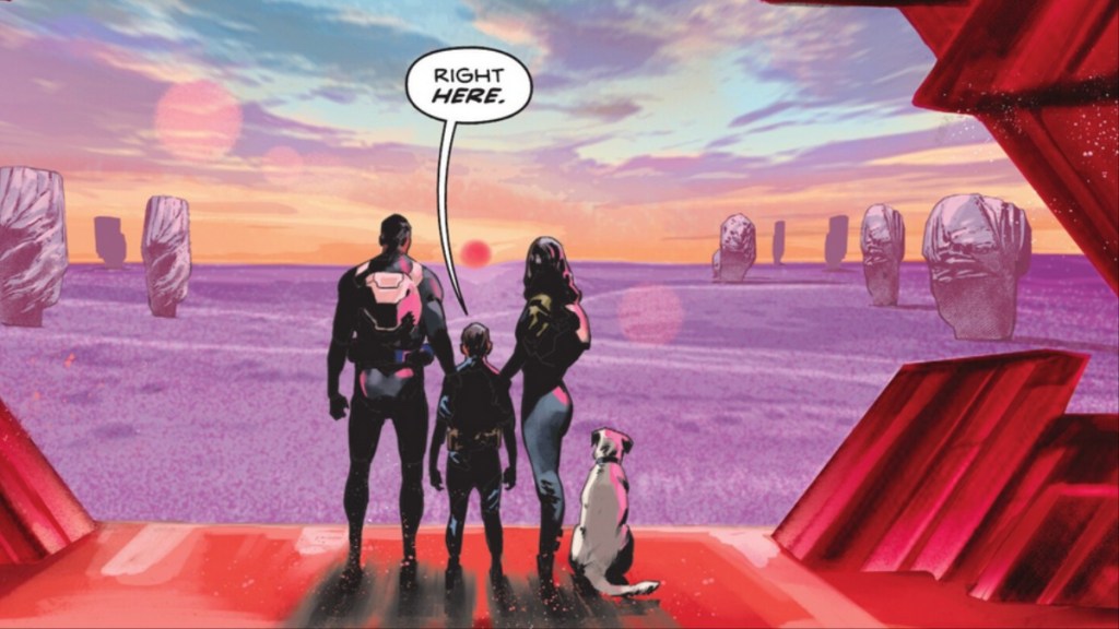 Kal, Jor, et Lara El avec Krypto contemplent le paysage de Krypton dans Absolute Superman #3