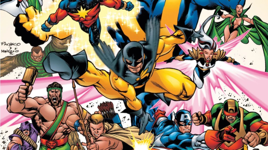 Yellowjacket, Hercules, Hawkeye, Captain America, Wonder Man, Songbird, and Moondragon assemble on the cover of Avengers Forever