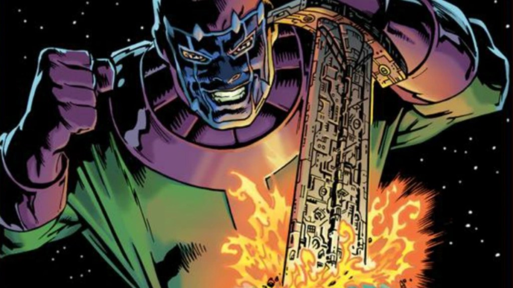 Kang driving his technosword into a planet from 