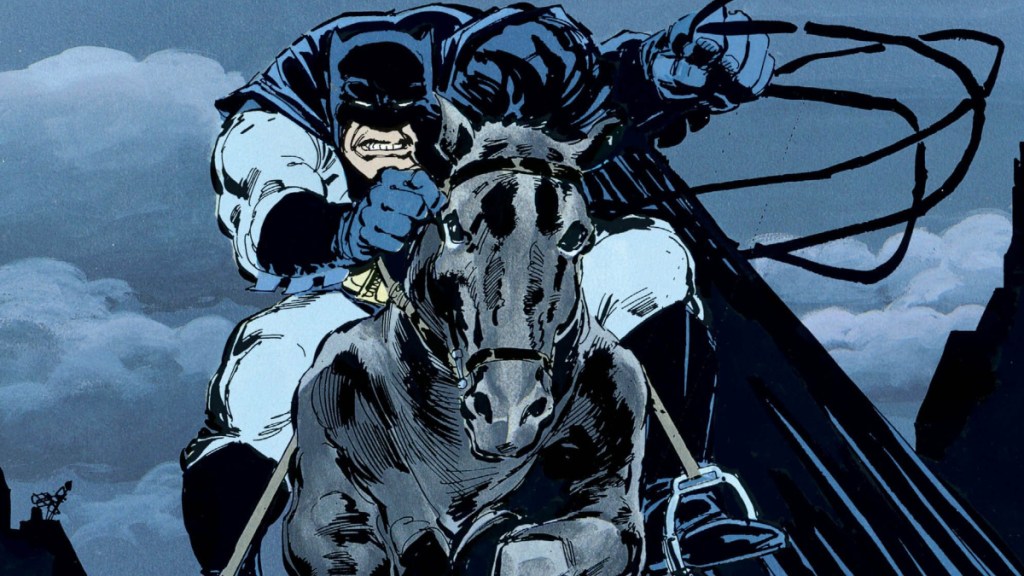 Batman montant à cheval dans The Dark Knight Returns