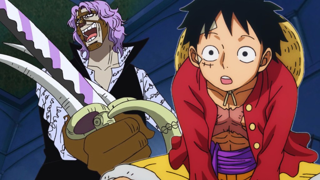 luffy looking surprised in one piece with spandam in the background holding an elephant sword